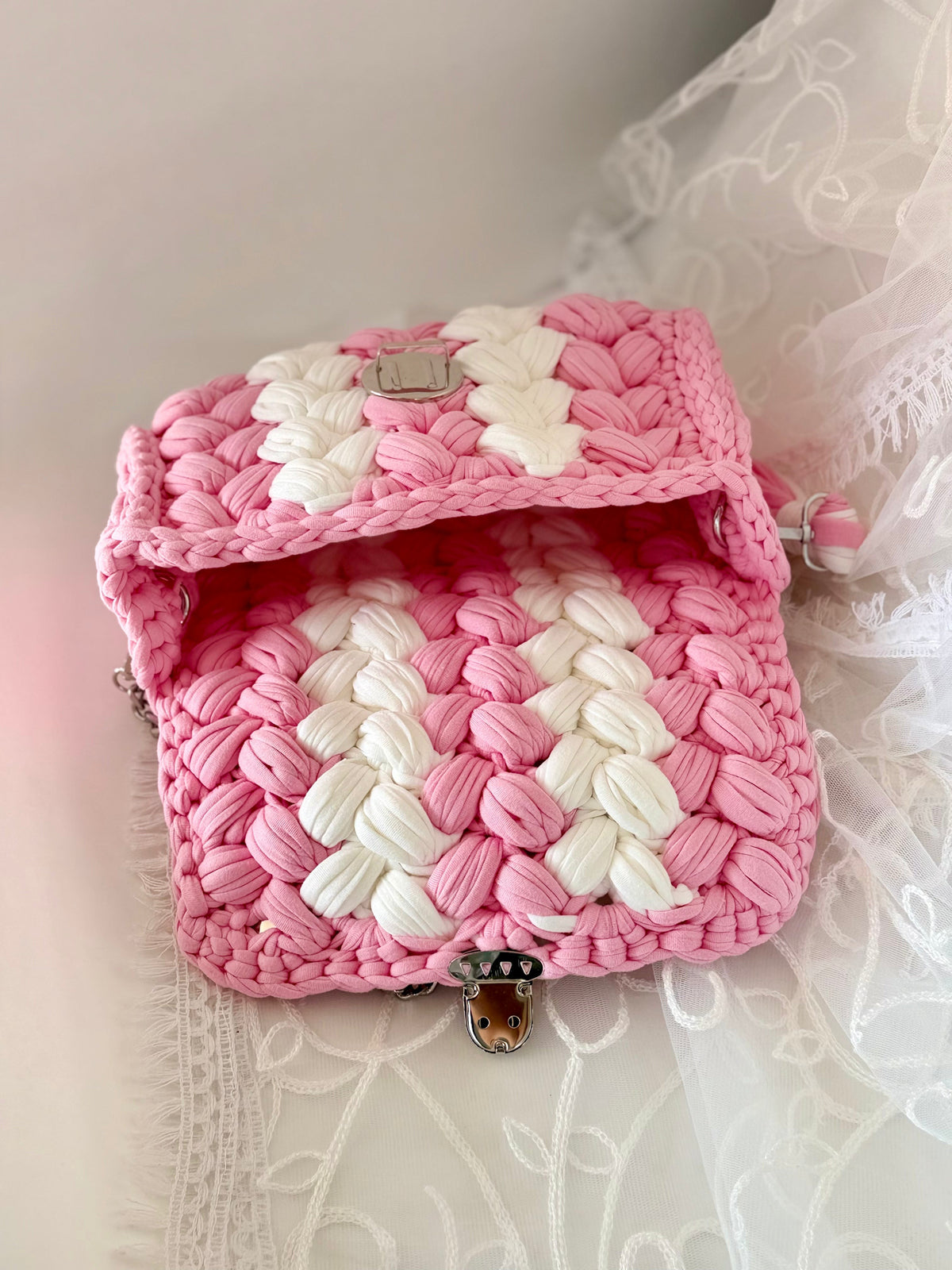 Pink handwoven mini bag with silver chain strap