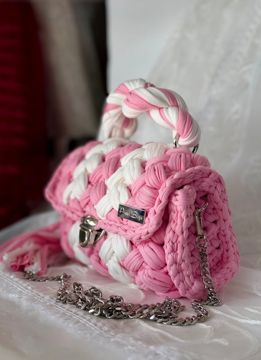 Pink handwoven mini bag with silver chain strap