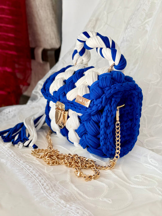 Blue handwoven mini bag with silver chain strap