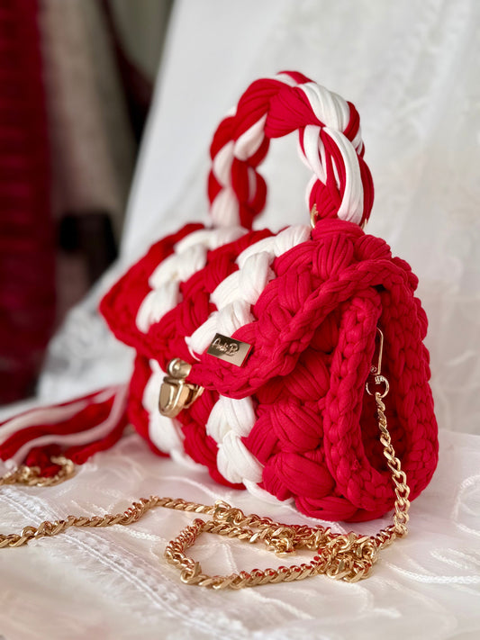 Red handwoven mini bag with silver chain strap