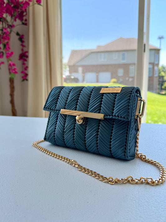 Indigo handwoven mini clutch with silver chain strap
