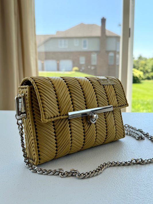 Gold handwoven mini clutch with silver chain strap