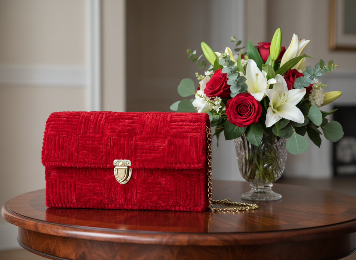 Red velvet handmade evening clutch with chain strap