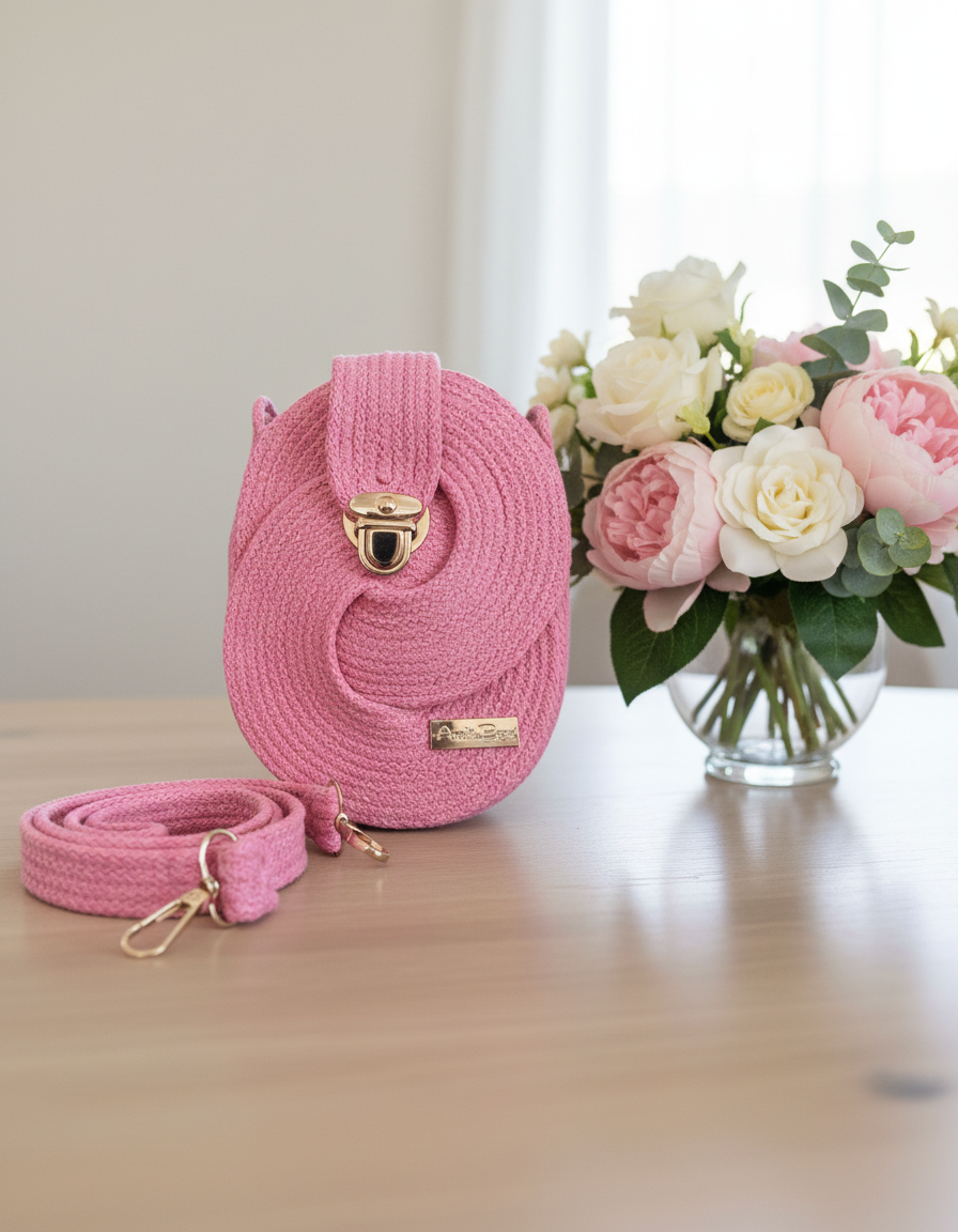 Blush pink crochet crossbody bag with gold hardware