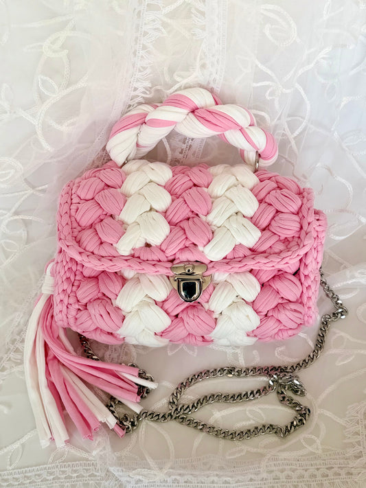 Pink handwoven mini bag with silver chain strap