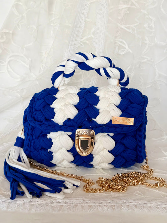 Blue handwoven mini bag with silver chain strap
