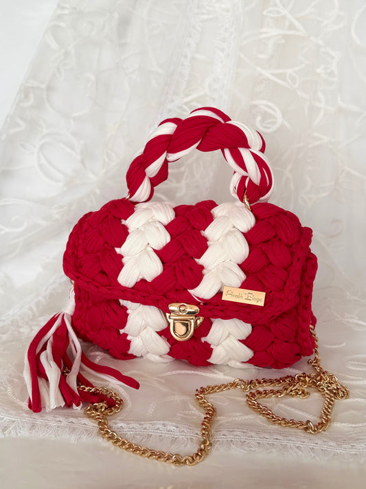 Red handwoven mini bag with silver chain strap