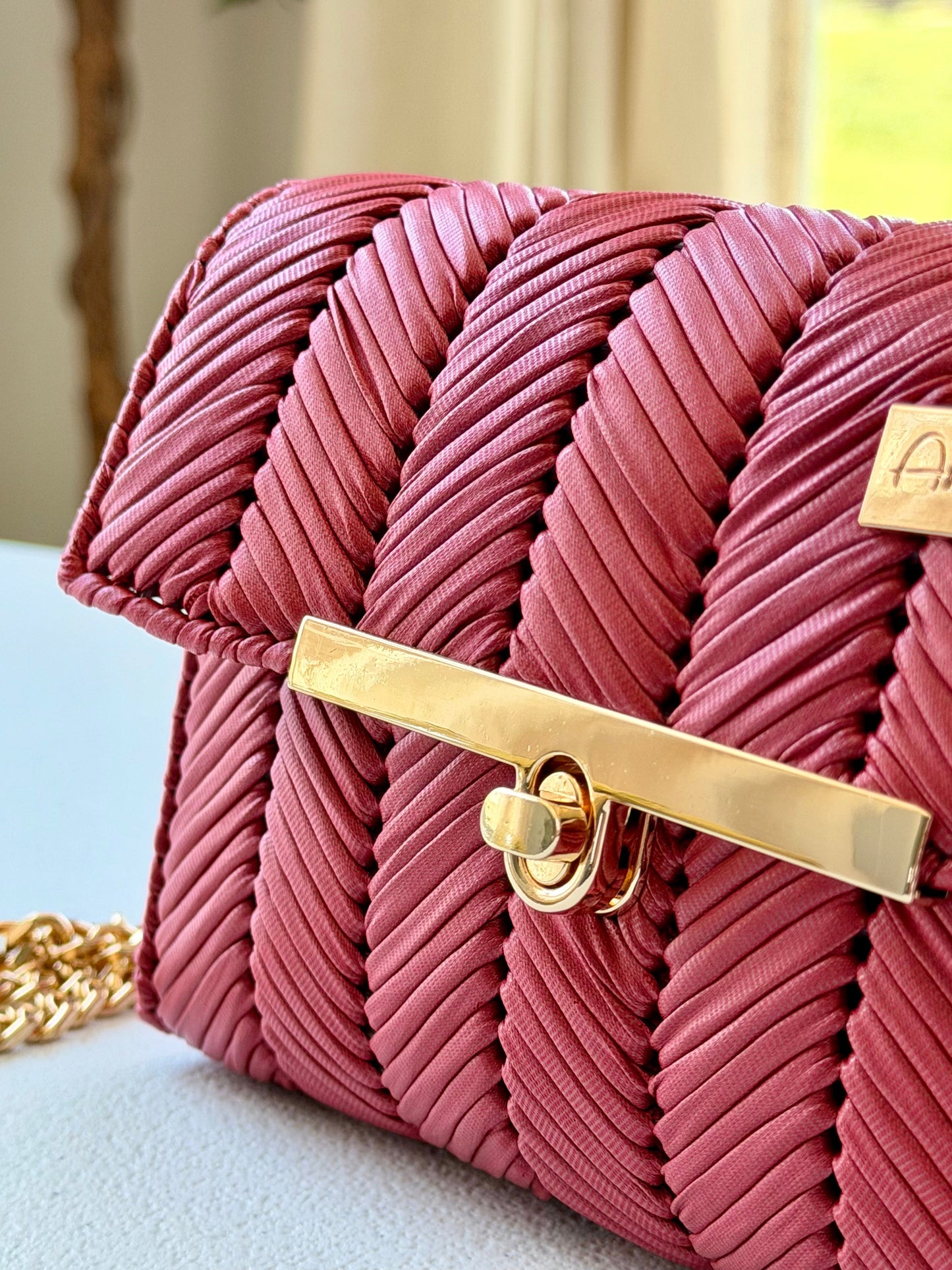 Red handwoven mini clutch with gold chain strap