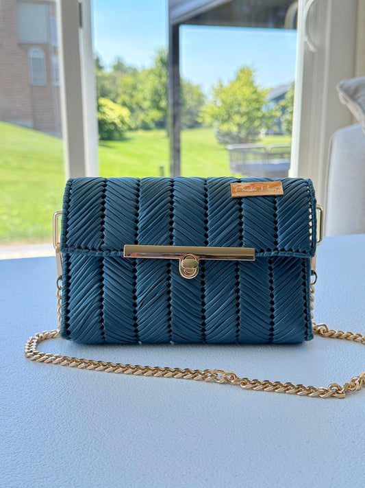 Indigo handwoven mini clutch with silver chain strap