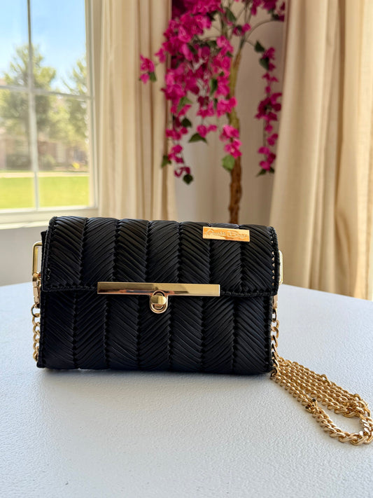 Black handwoven mini clutch with gold chain strap