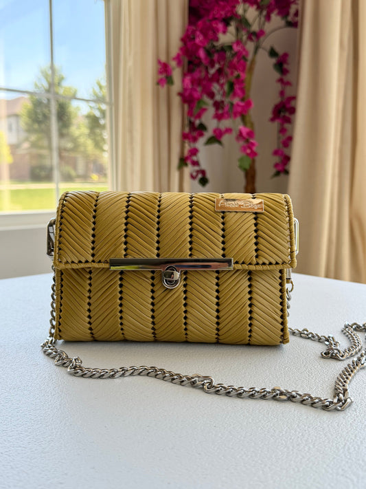 Gold handwoven mini clutch with silver chain strap