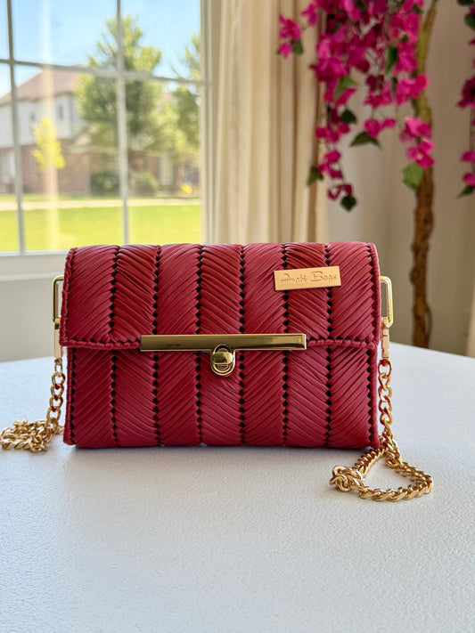 Red handwoven mini clutch with gold chain strap