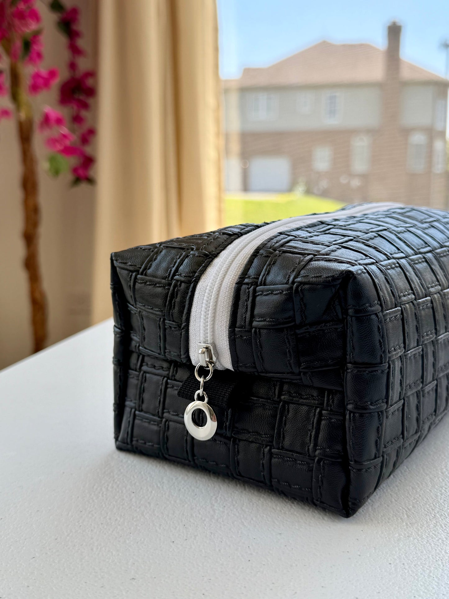 Handmade textured vinyl makeup bag with zipper