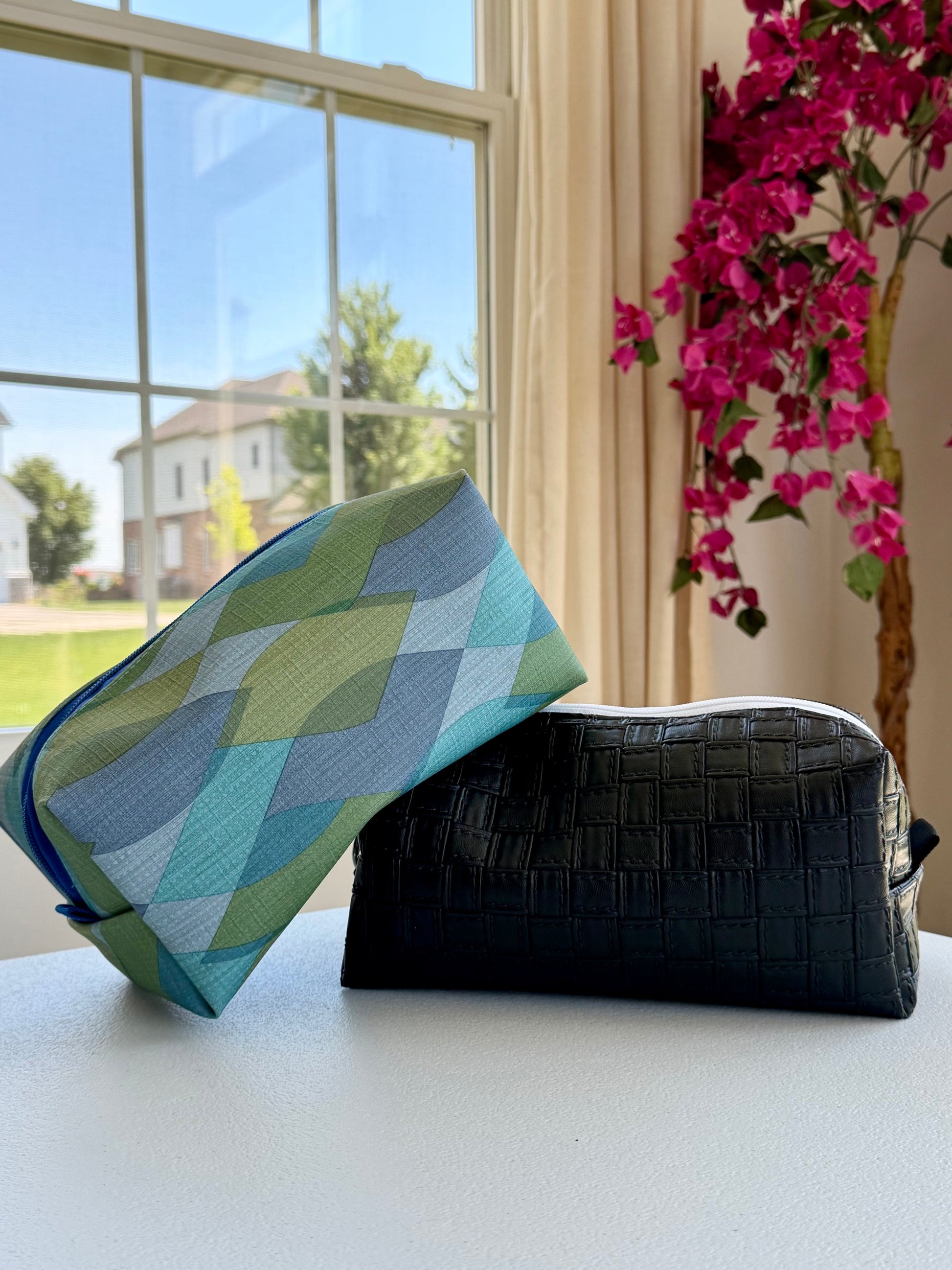 Handmade textured vinyl makeup bag with zipper
