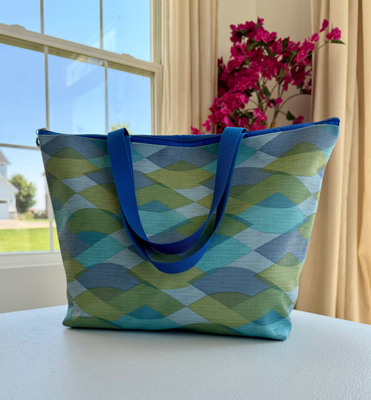 Geometric vinyl tote bag, handmade and water-resistant