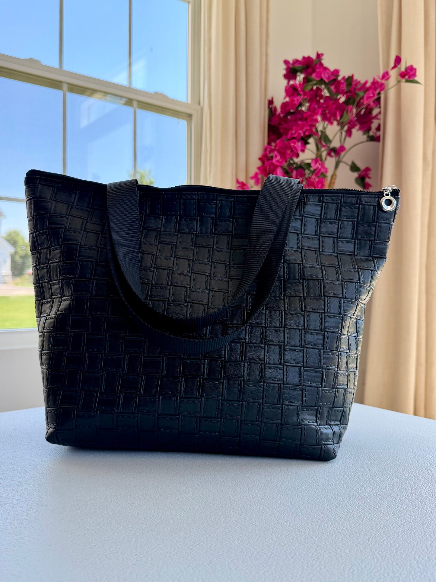 Geometric vinyl tote bag, handmade and water-resistant