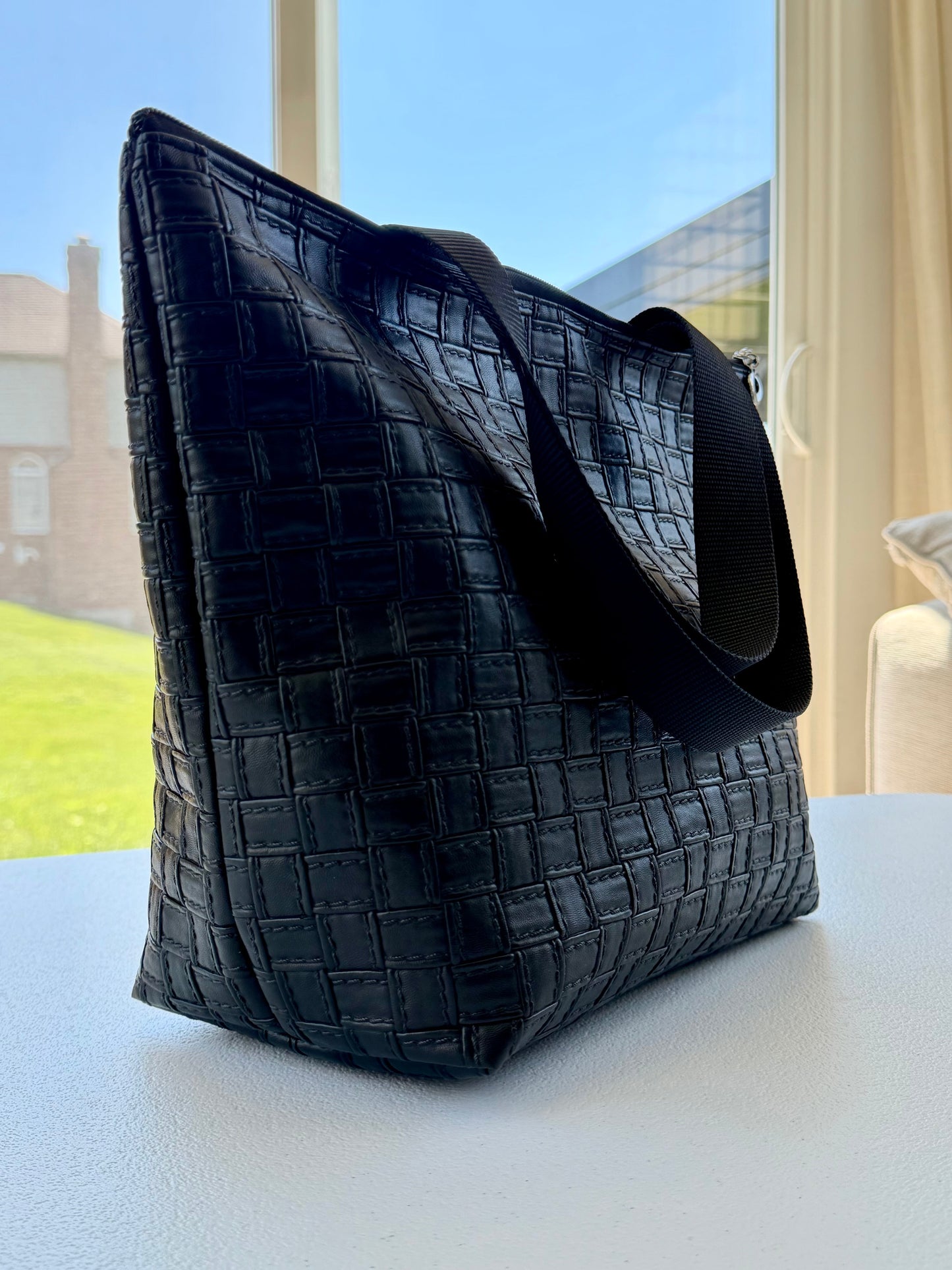 Geometric vinyl tote bag, handmade and water-resistant