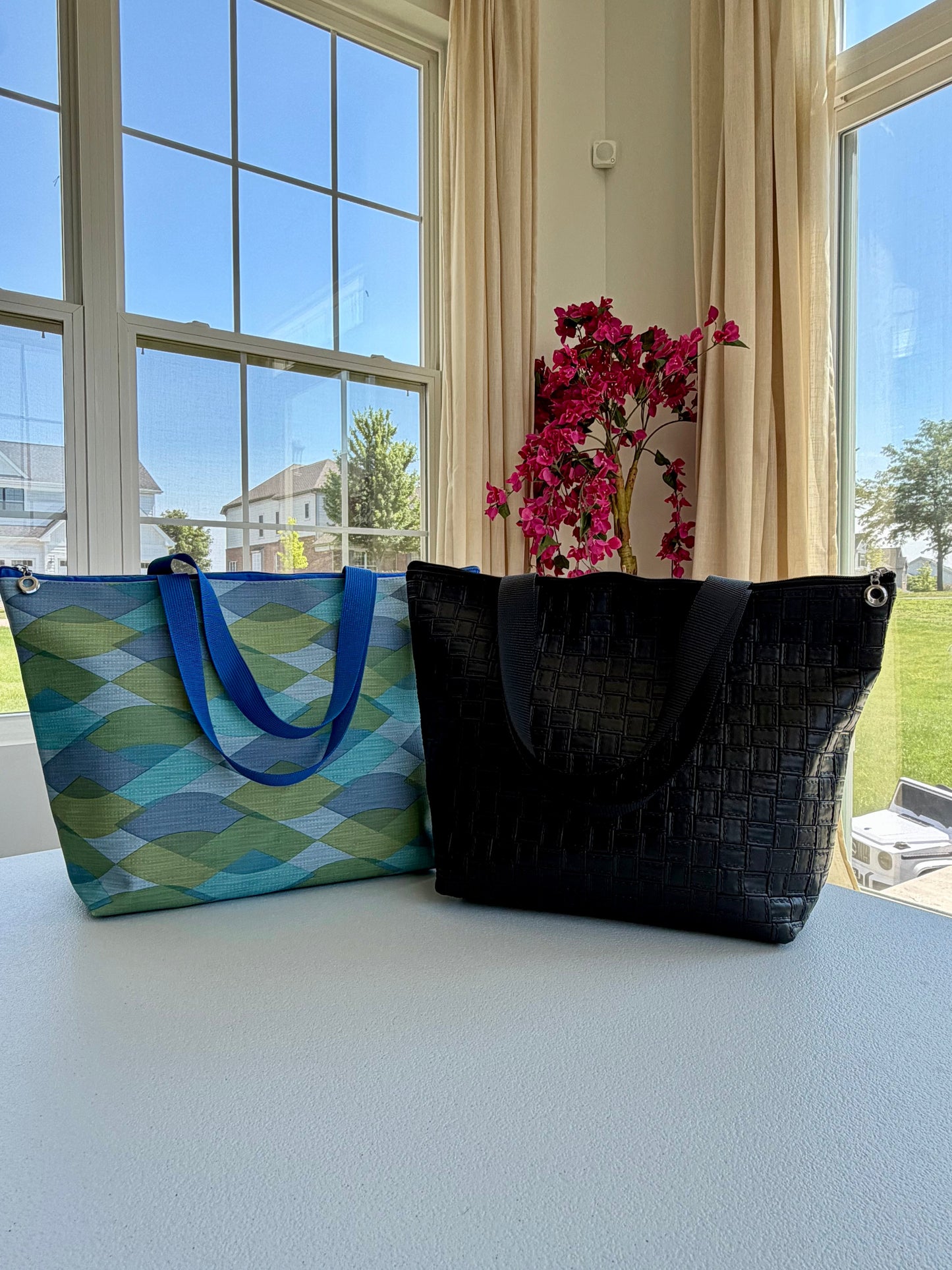 Geometric vinyl tote bag, handmade and water-resistant